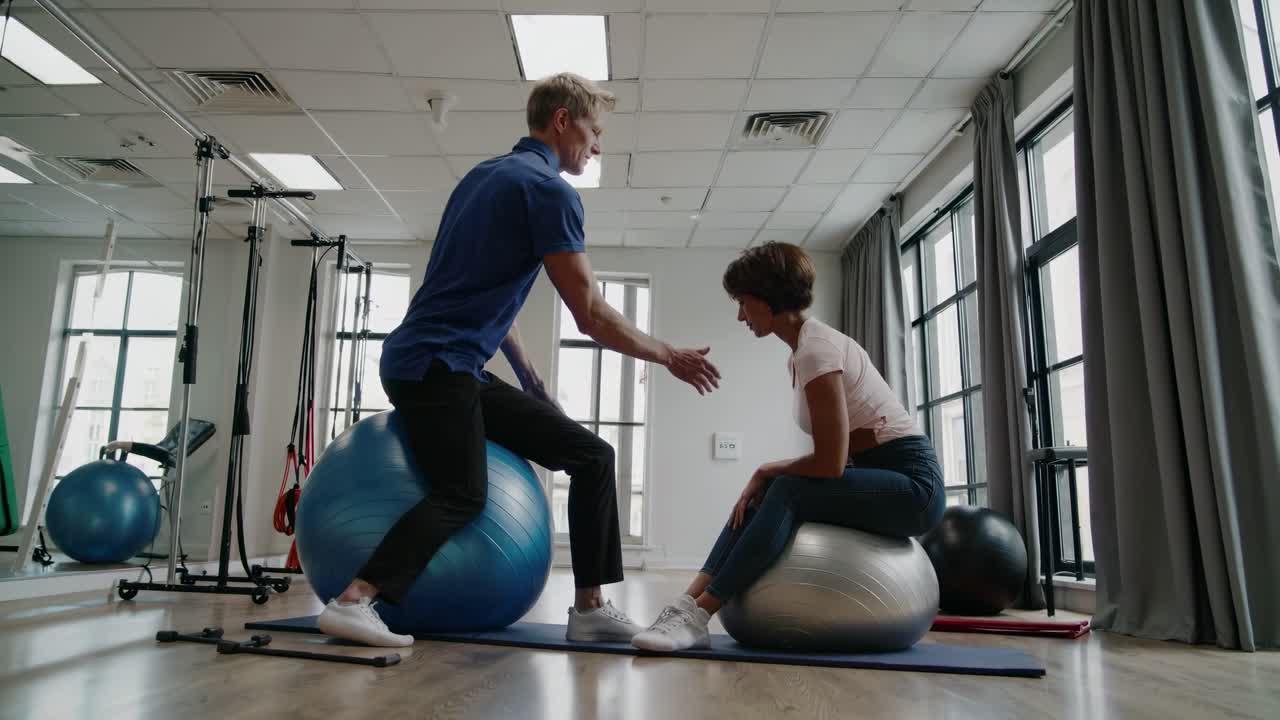 Instruktør og klient sidder på træningsbolde i et fitnesscenter