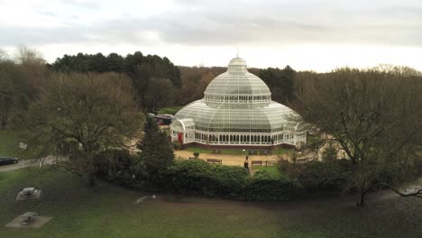 sefton park palm house liverpool victorian exotic conservatory greenhouse aerial botanical landmark dome building slow push in