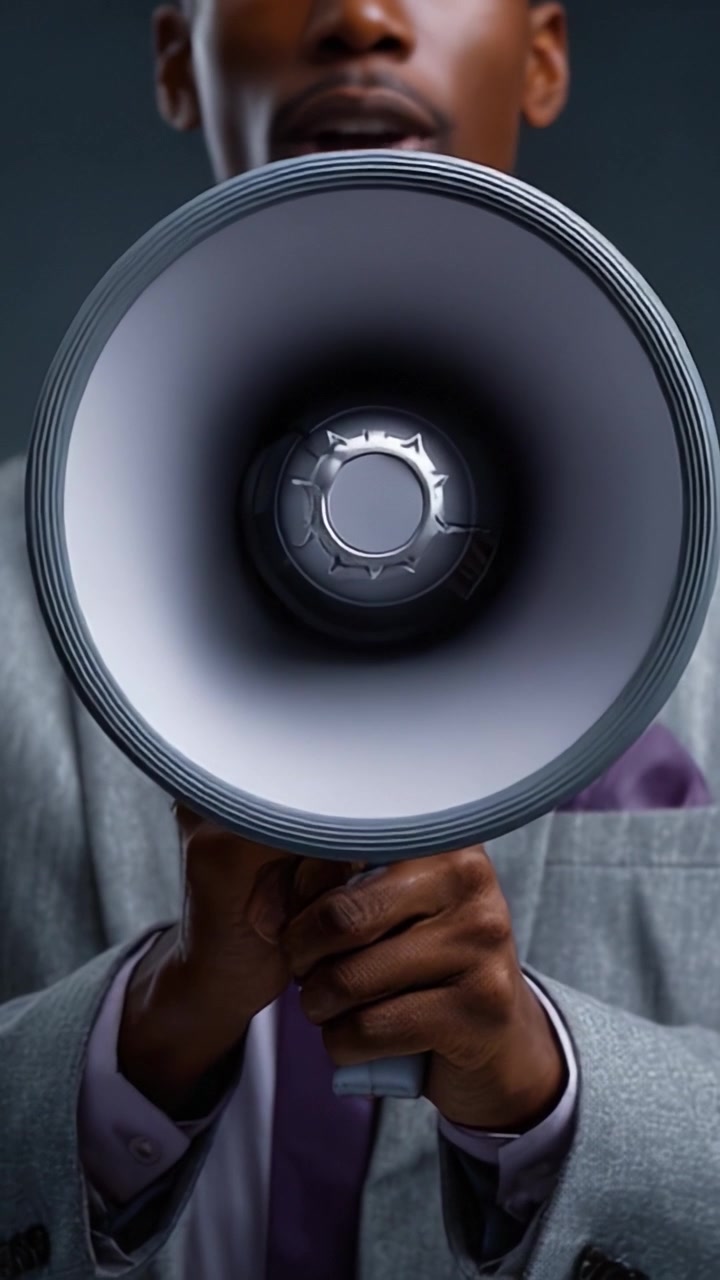 En person som holder en megafon med fokus på talerens uttrykk og enheten, som symboliserer kommunikasjon, lederskap og engasjement i ulike sammenhenger