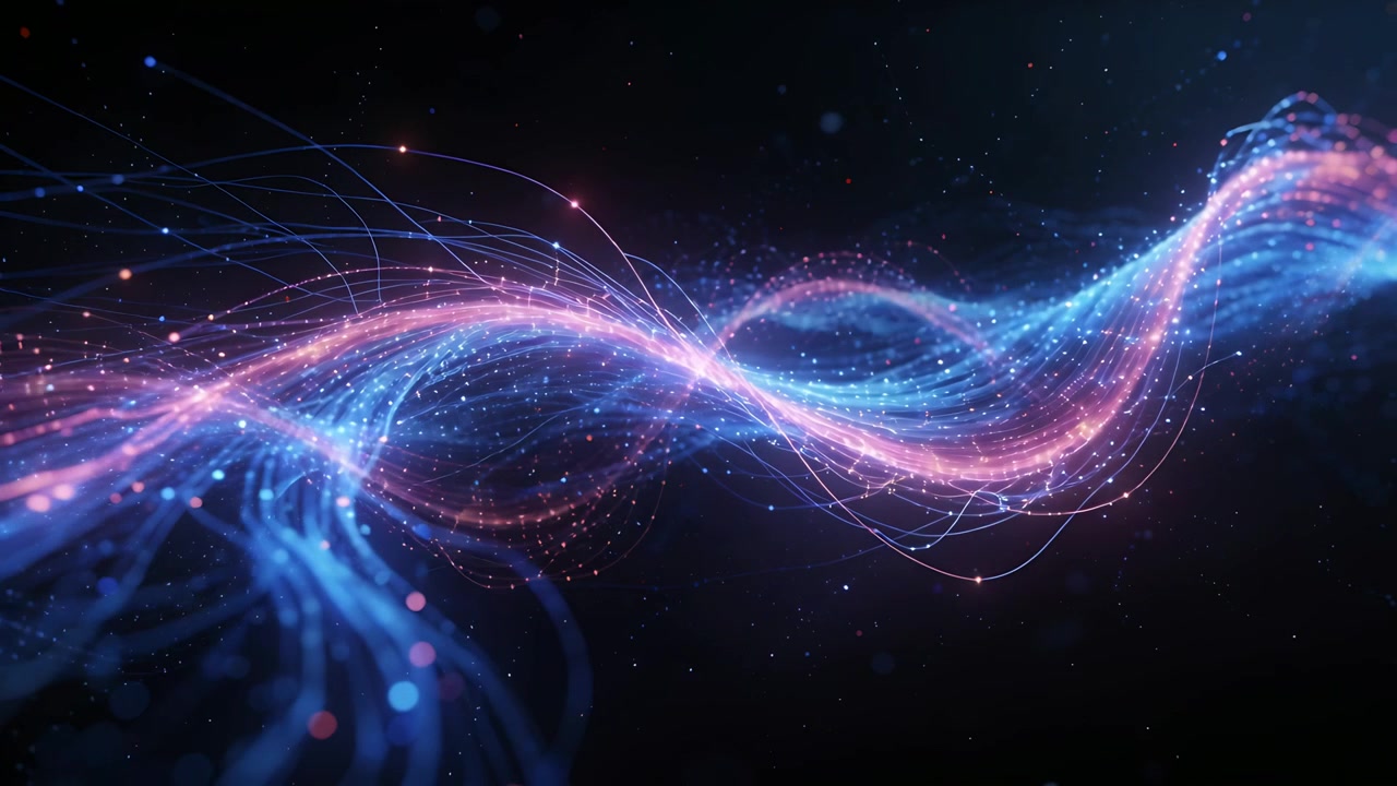 Entering left luminous ribbon moving right braiding evolving into sine wave in dark void with nodes