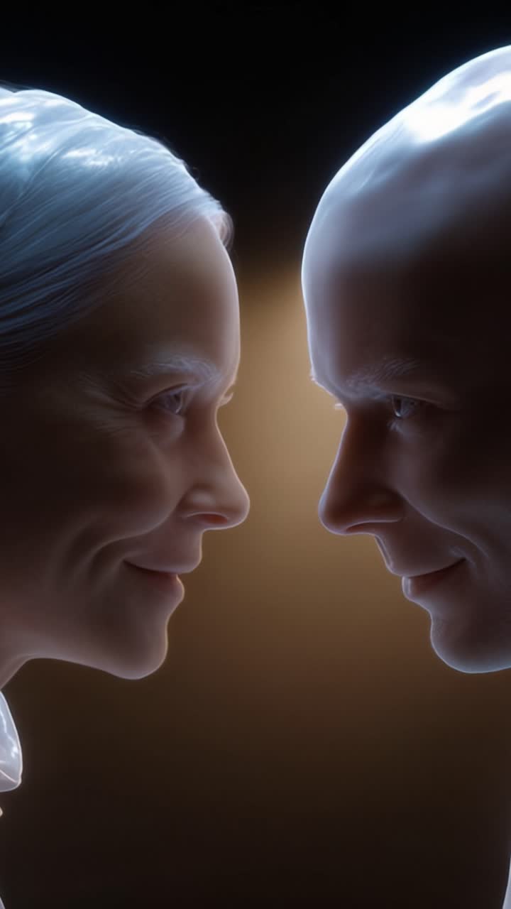 Un incontro profondo: due figure senza volto abbracciano l'umanità in un momento emozionante, mostrando connessione e comprensione, trascendendo tempo e spazio.