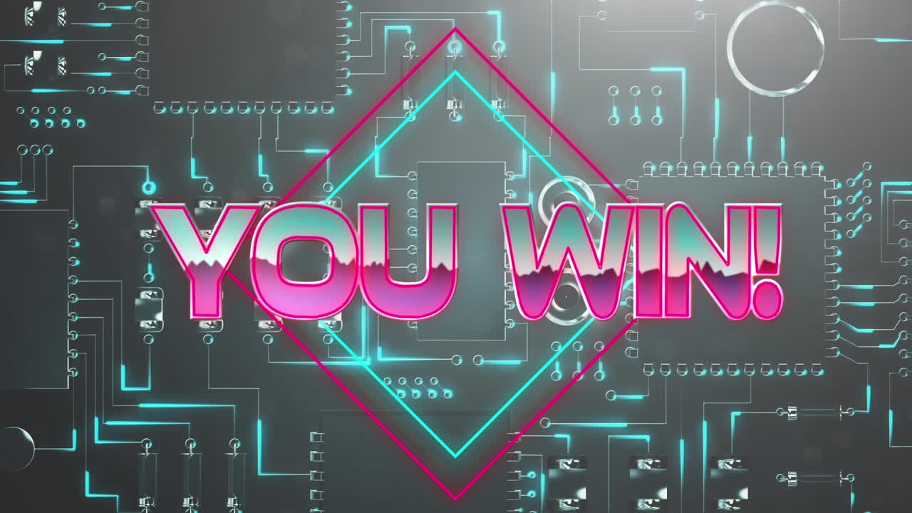 당신은 검은색 배경에 마이크로프로세서 연결의 클로즈업에 네온 사각형에 텍스트를 승리
