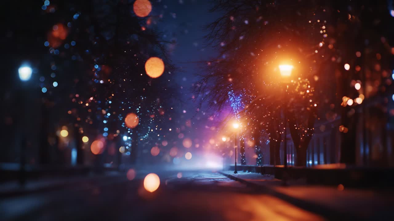 Una scena notturna invernale da sogno catturata in due fotogrammi, che mostra una strada innevata illuminata da caldi lampioni ed effetti bokeh colorati, creando un'atmosfera magica di calma e bellezza