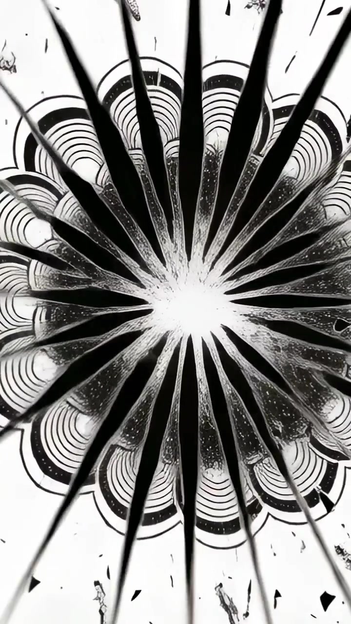 Video verticale: Mandala che si rompe incrinandosi verso l'interno con frammenti in alto a destra su sfondo bianco, creando una texture al centro