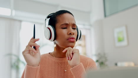 remote work, laptop or black woman in headphones