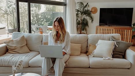 mujer trabajando en una computadora portátil en casa