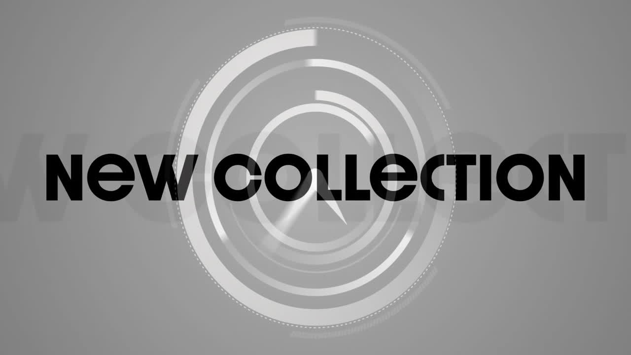 New collection text animation over circular geometric patterns on grey background