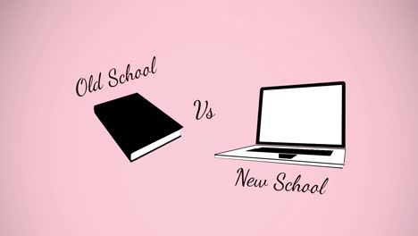 animación de la vieja escuela frente al nuevo texto escolar e iconos digitales en fondo rosa