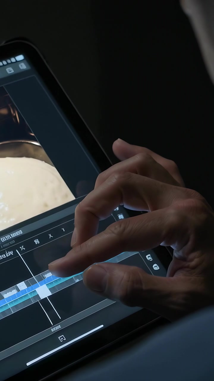 Vertical video: Tapping right hand scrubbing playhead on tablet in dim studio, editing pan clip