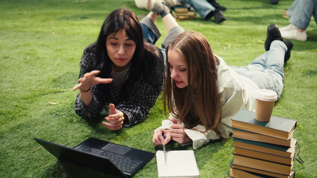 Students lay on grass beside textbook and laptop while discussing project ideas
