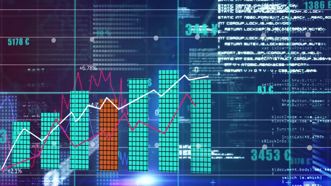 Animation of financial data processing over grid on dark background