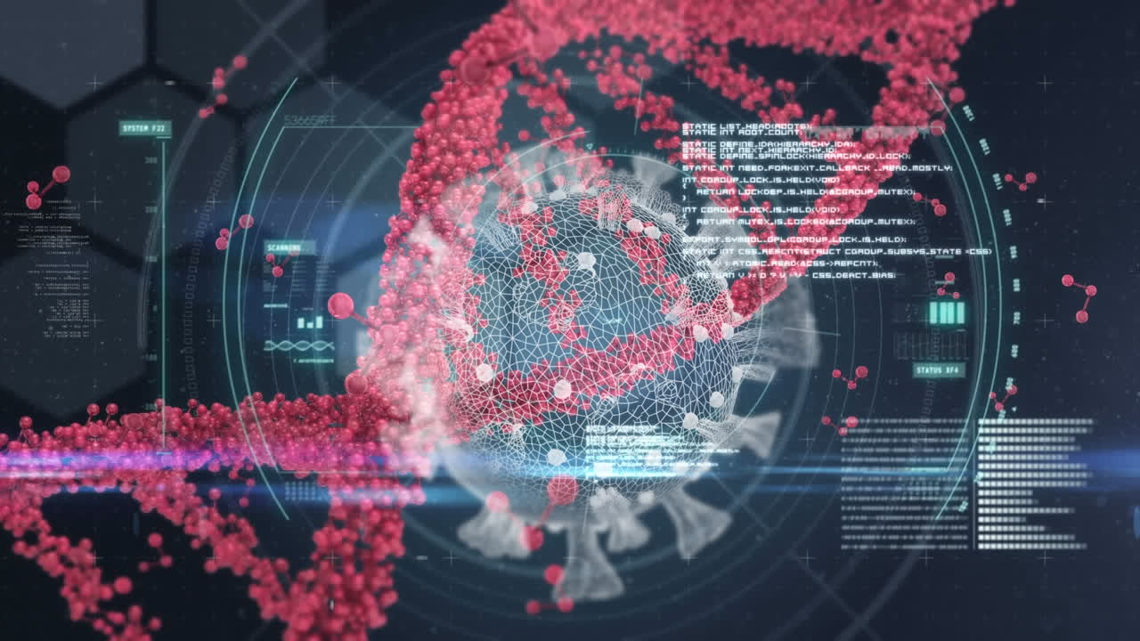 animación de una computadora que muestra una célula macro de coronavirus covid-19 analizada y adn