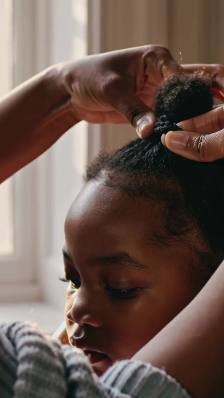 Vertical video: Reaching mom's hands gathering kid's curly hair at window, shaping bun with elastic