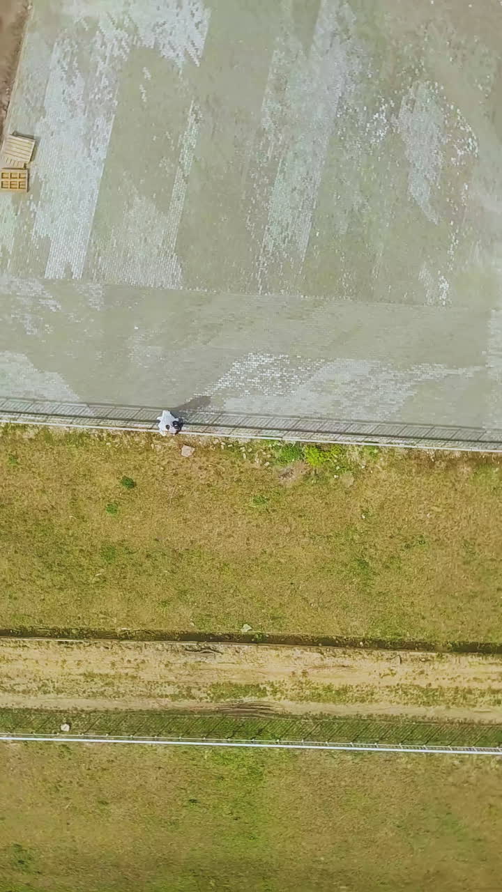 camera turns rising over newlywed couple on ground at green hilly embankment on warm autumn day