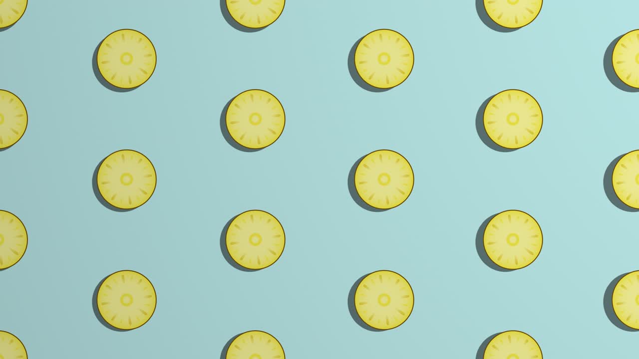 Rotating pineapple slices. pattern on blue background