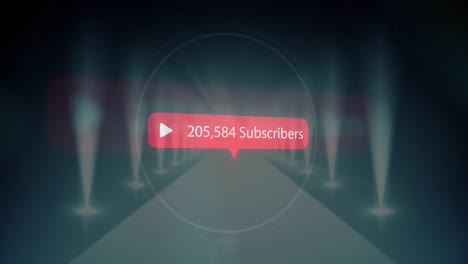 animación de un círculo con conteo en vivo de suscriptores sobre un pasaje iluminado con luces