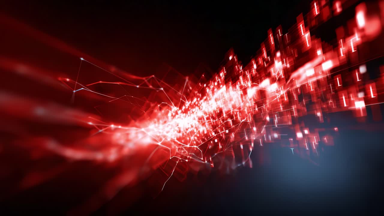 Dynamic Red Light Abstract Visuals with Energetic Sparkles and Glowing Particles Conveying Motion and Modern Technology in a Dark Background