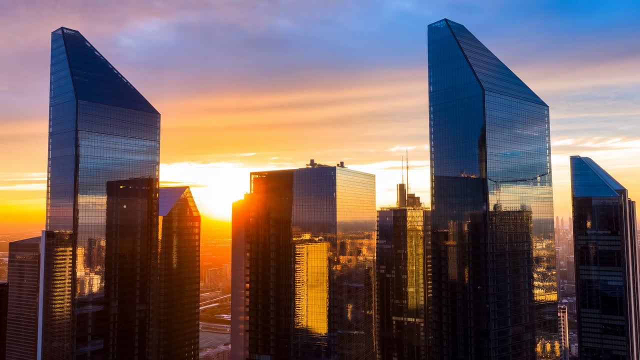 Pôr do sol dramático sobre arranha-céus de cidade moderna