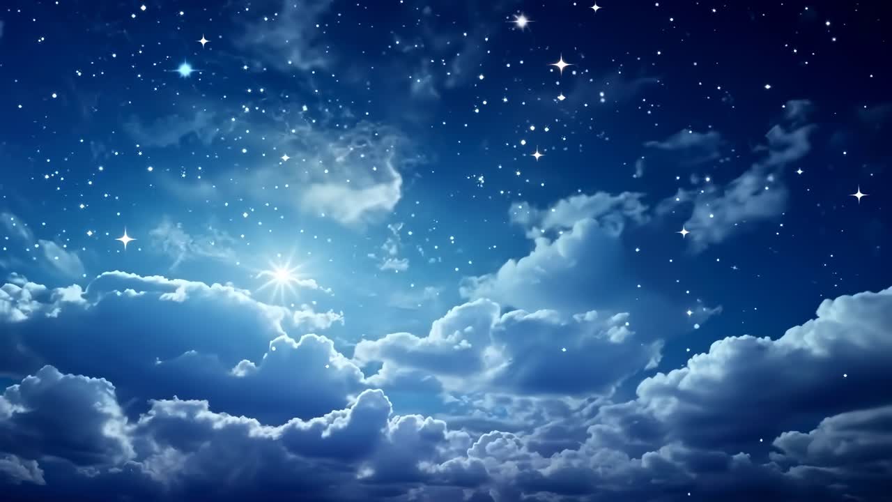A serene night sky video featuring a wide-angle view of twinkling stars and fluffy clouds