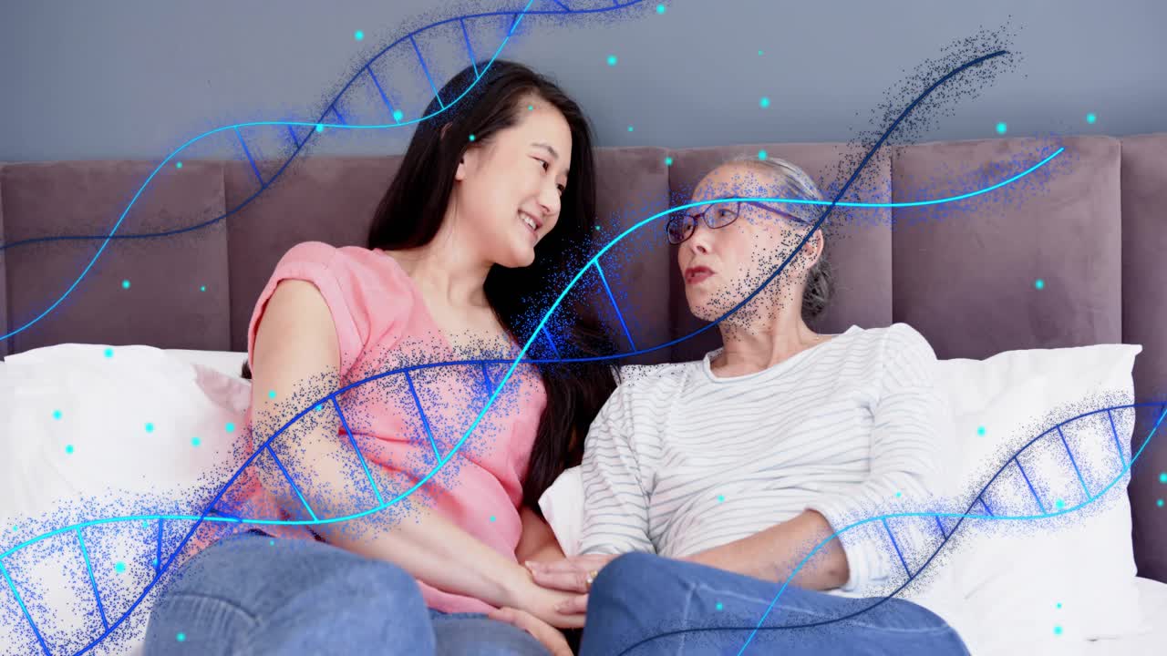 Mom and daughter holding hands on bed, discussing health and smiling, DNA helix drifting over faces