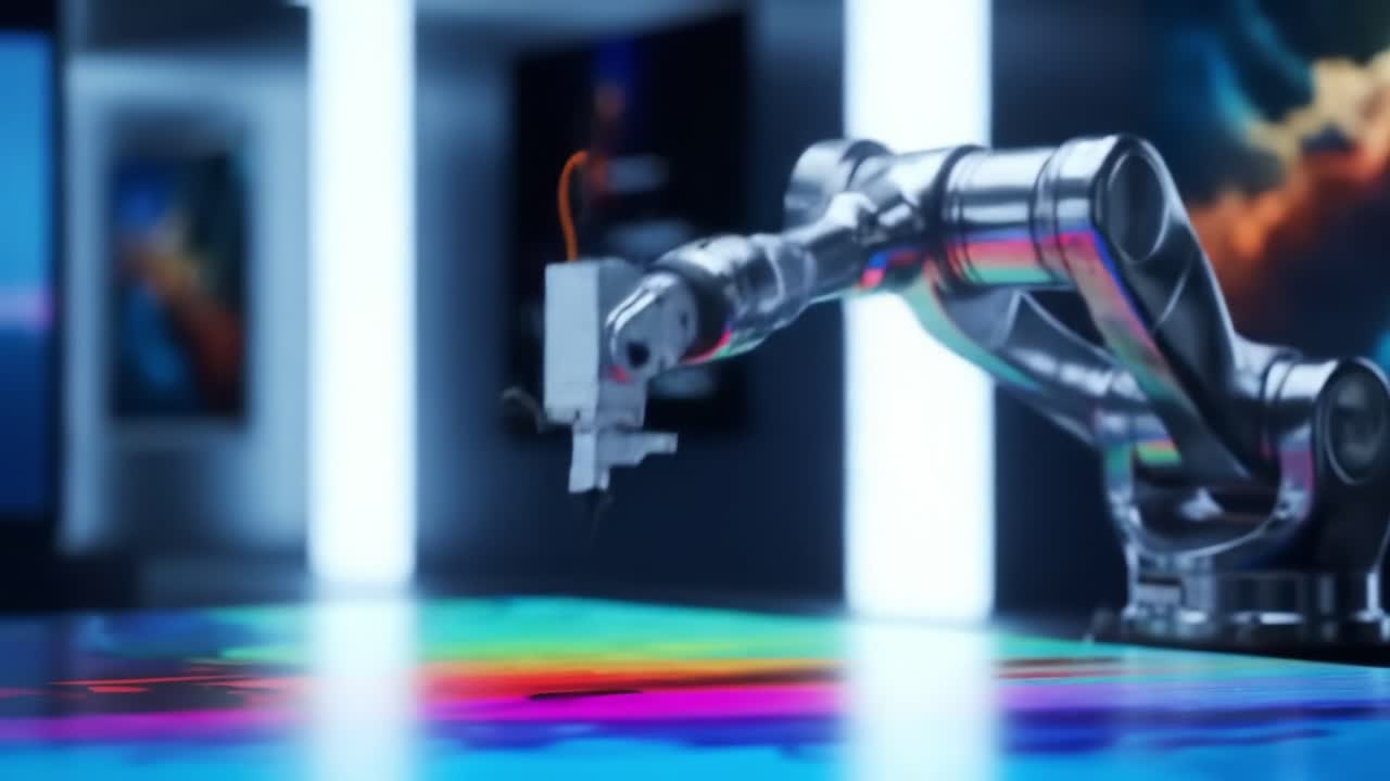 A Cutting-Edge Robotic Arm Engaged in Precision Craftsmanship, Showcasing Vibrant Colors and Dynamic Design Techniques in a High-Tech Environment