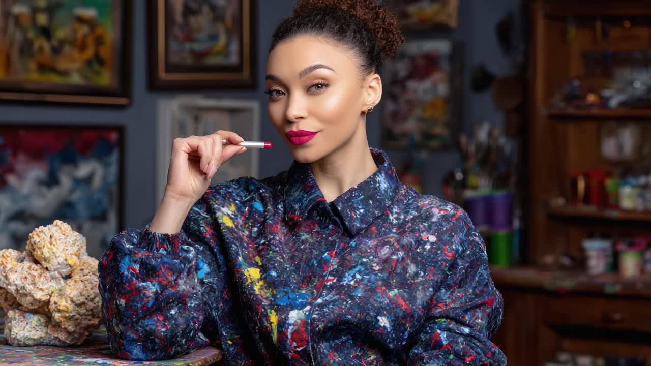 A Confident Artist Posing with a Brush in a Colorful Studio, Surrounded by Creative Materials and Vibrant Artwork, Showcasing Artistic Expression and Style
