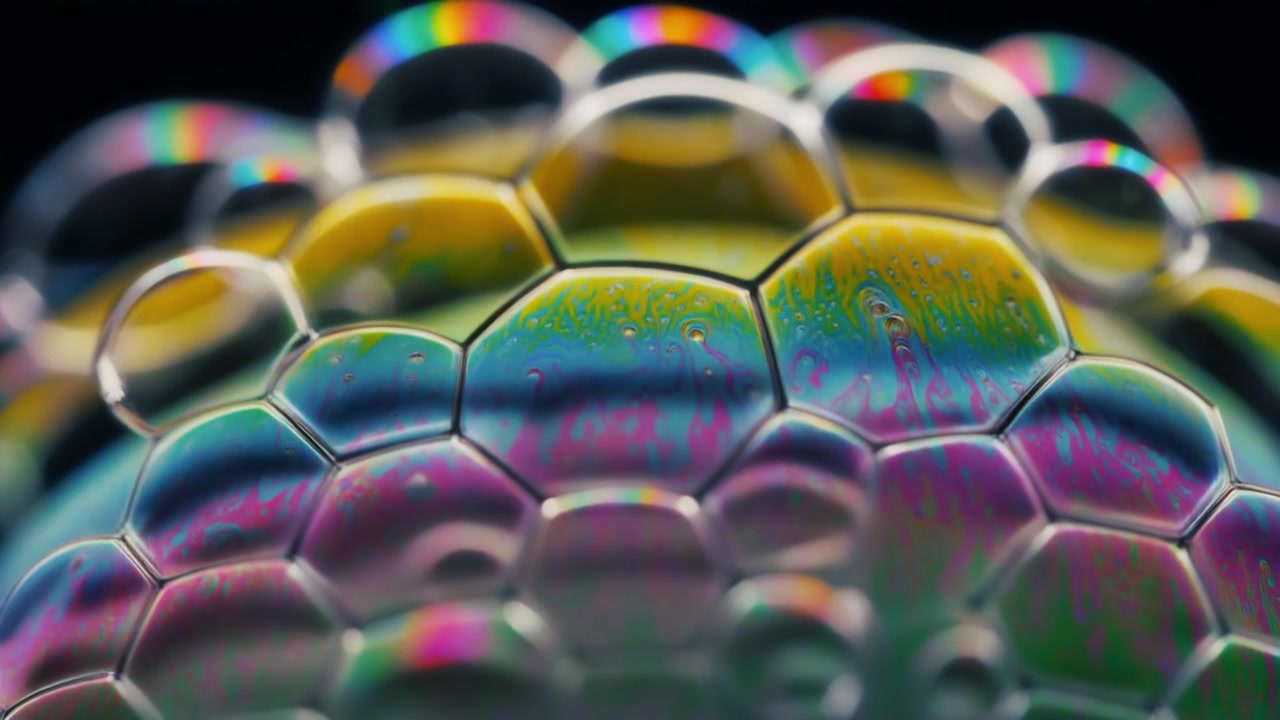 Primo Piano Macro di Bolle di Sapone Iridescenti con Colori Vorticosi