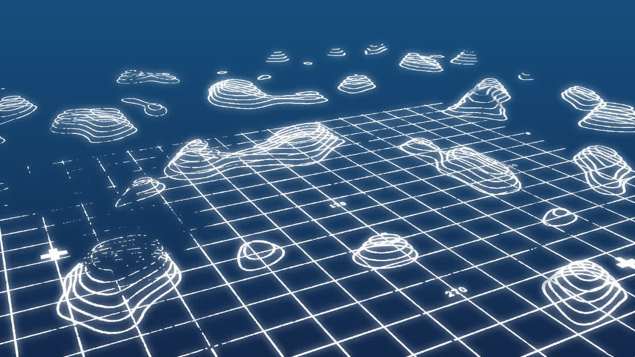 Animation of moving white thin mountain lines on digital topographic map