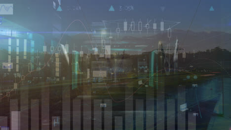 Animation-of-financial-data-processing-over-cityscape