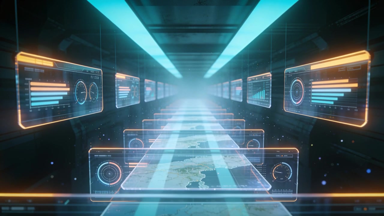 Advancing stacked map panels moving toward viewer in data corridor, triggered by pulsing teal beams