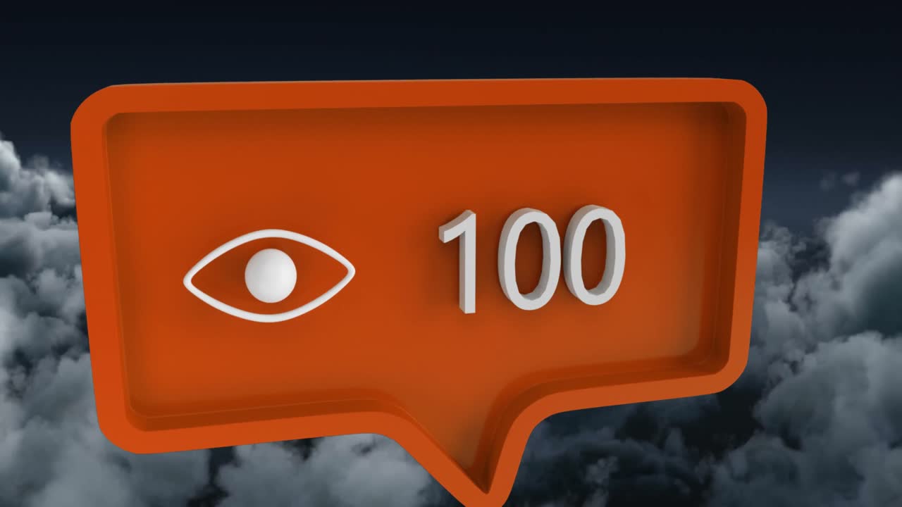 Animation of eye icon with numbers on speech bubble over sky and clouds