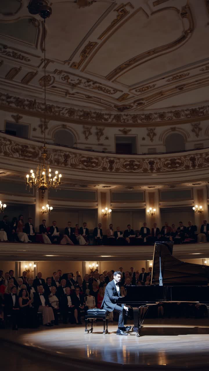 Elegante sala da concerto con decorazioni elaborate, ripresa da un angolo elevato