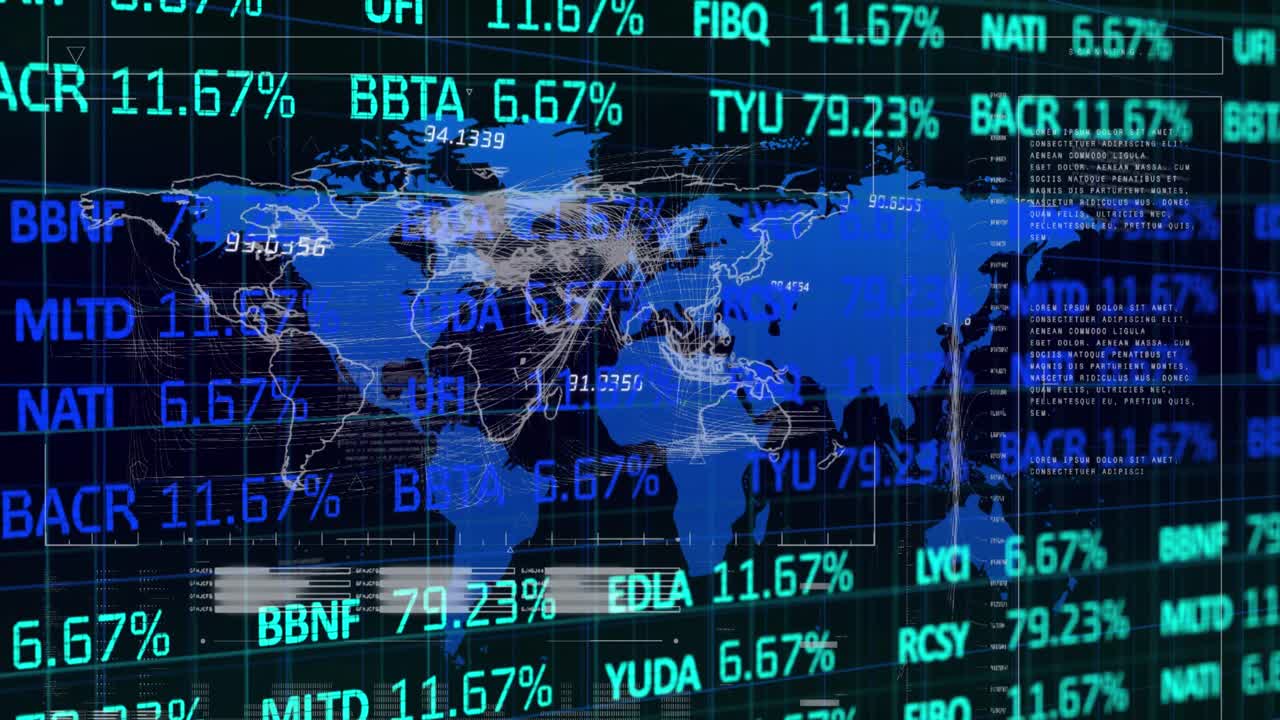 Animation of graphs, financial data and world map on black digital screen