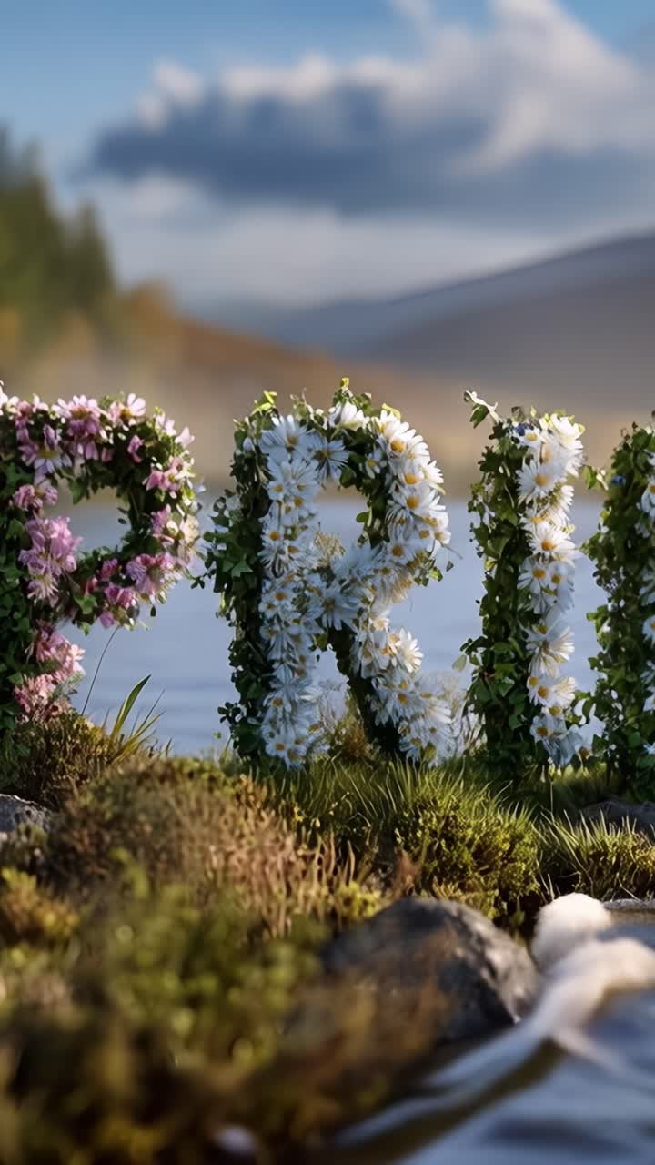 Uno spettacolo mozzafiato di composizioni floreali in ambienti naturali con lettere artisticamente modellate da fiori colorati accanto a uno specchio d'acqua tranquillo.