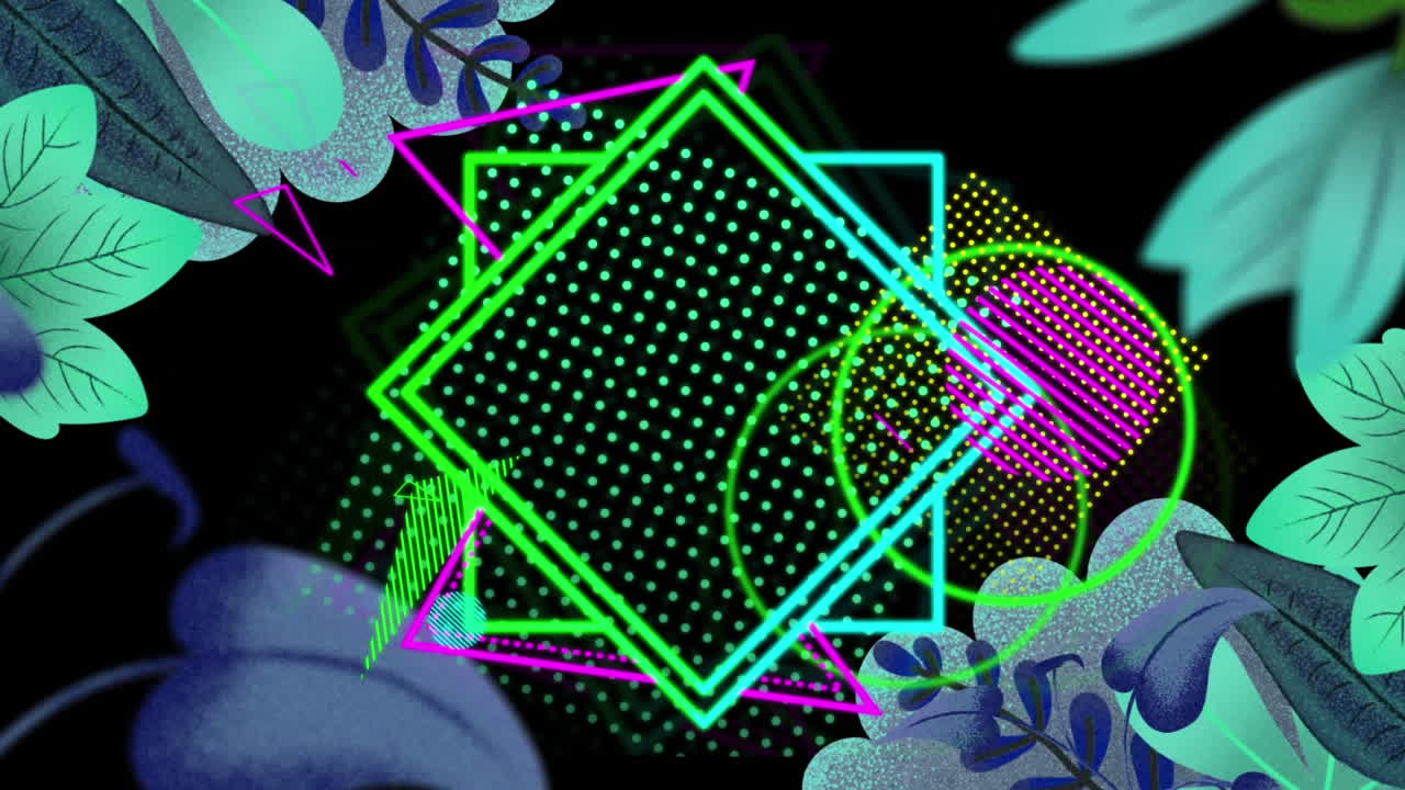 Animazione di forme geometriche colorate e foglie su sfondo nero