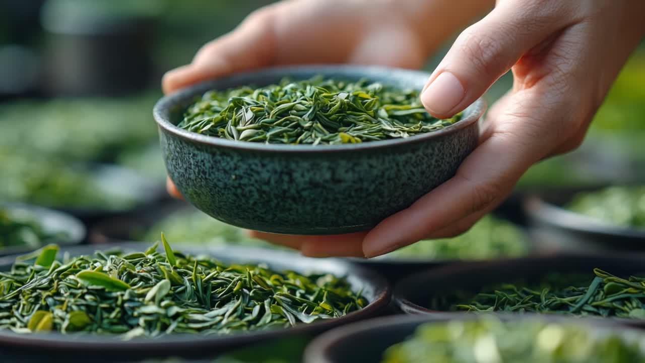 Close-up of hand holding bowl of green tea leaves