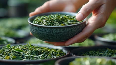 close-up of hand holding bowl of green tea leaves