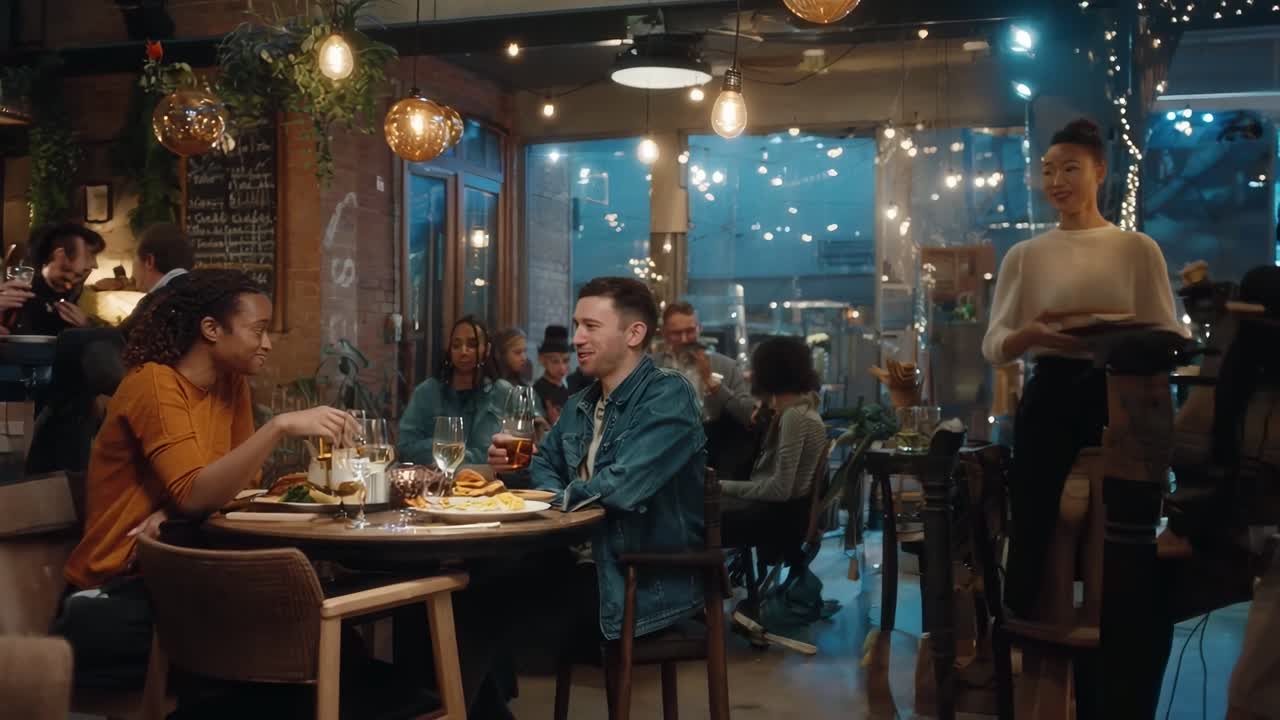 A lively restaurant scene captured from a wide-angle, showcasing a vibrant social video atmosphere