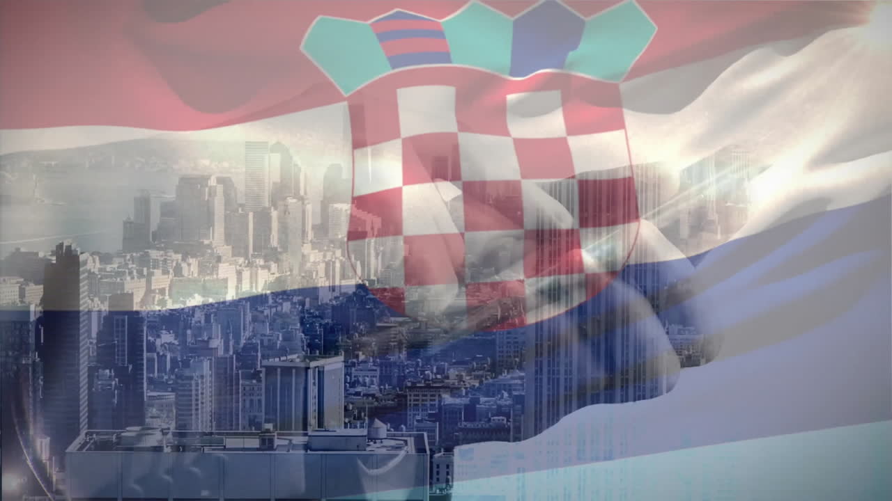 Croatian flag waving over gray city skyline, showing handshake silhouette under bright sun flare