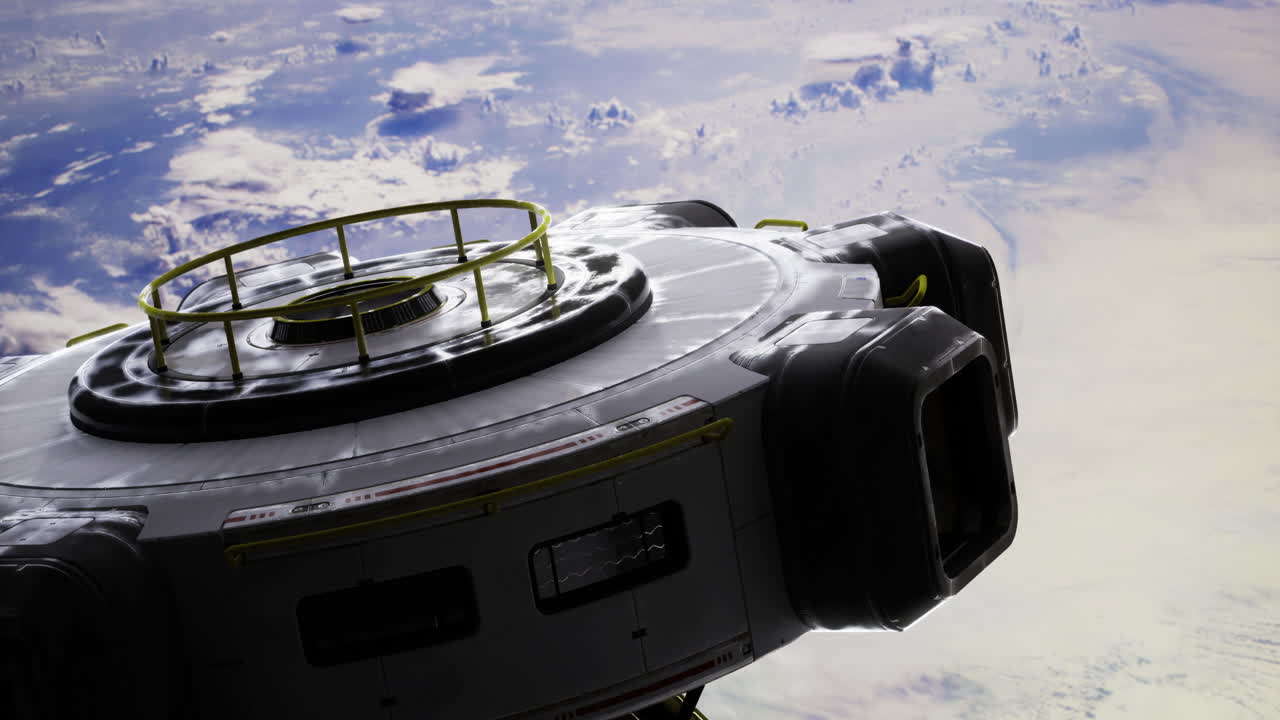 High tech spacecraft orbiting earth over stunning cloud formations