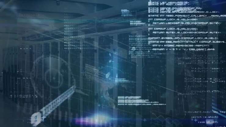 Animation of blue light trails and data processing against empty computer server room