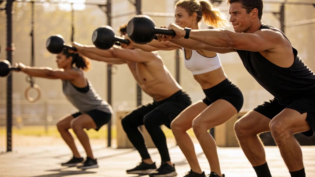 Quartetto che sposta kettlebell da uno squat basso al petto al rig, con una donna in reggiseno bianco che si allena.