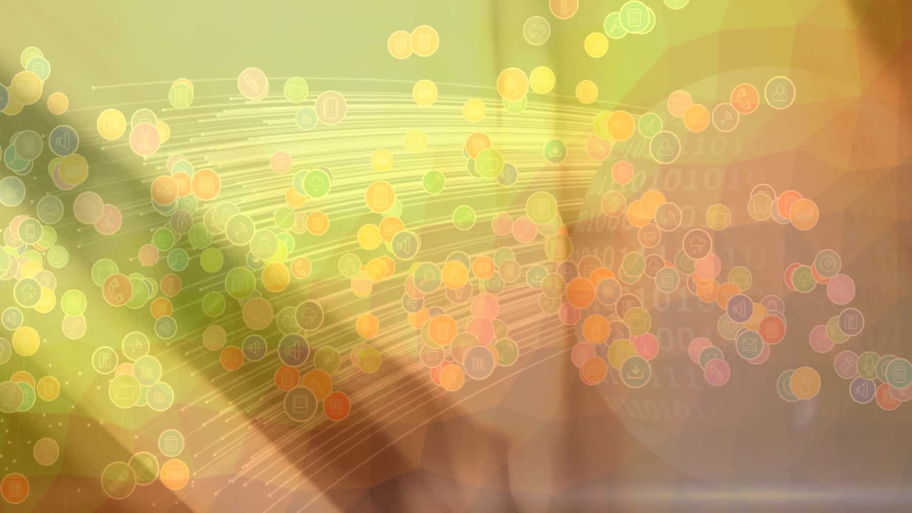 노란색 배경 위에 디지털 아이콘이 있는 지구의 애니메이션