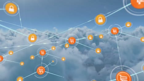 Animation-of-network-of-digital-icons-against-clouds-in-the-blue-sky