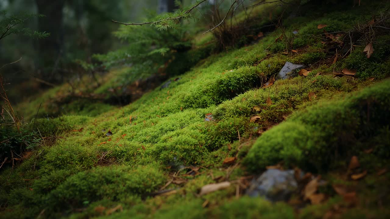 Starter sakte panorering, kamera avslører mosehauger på skyggefull barskogslinje for å vise tekstur, kvist