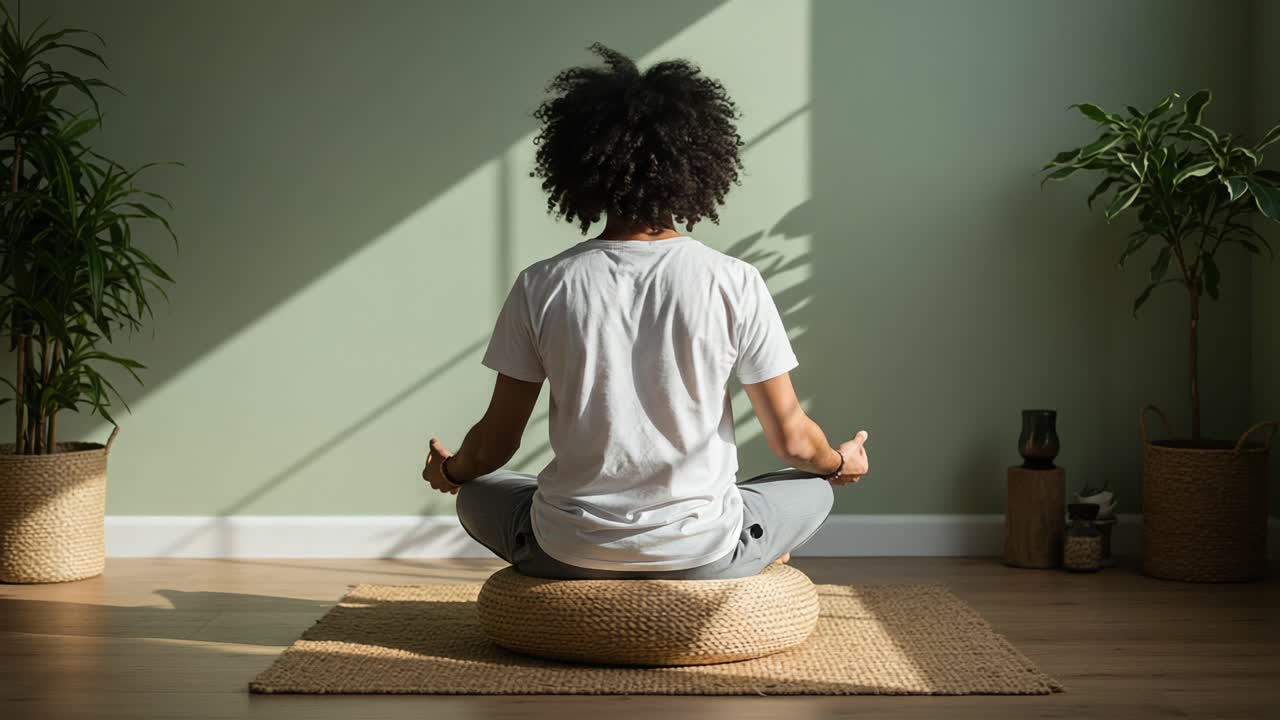 Ketenangan dalam Fokus: Perjalanan Meditatif Melalui Kesadaran dan Kedamaian Batin di Ruang Tenang yang Dikelilingi oleh Tumbuhan Hijau dan Cahaya Alami