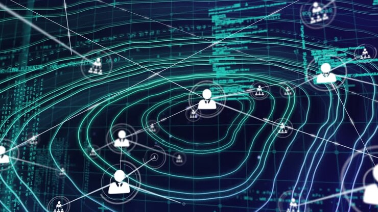 Animation of network of connections with icons over 3d digital landscape