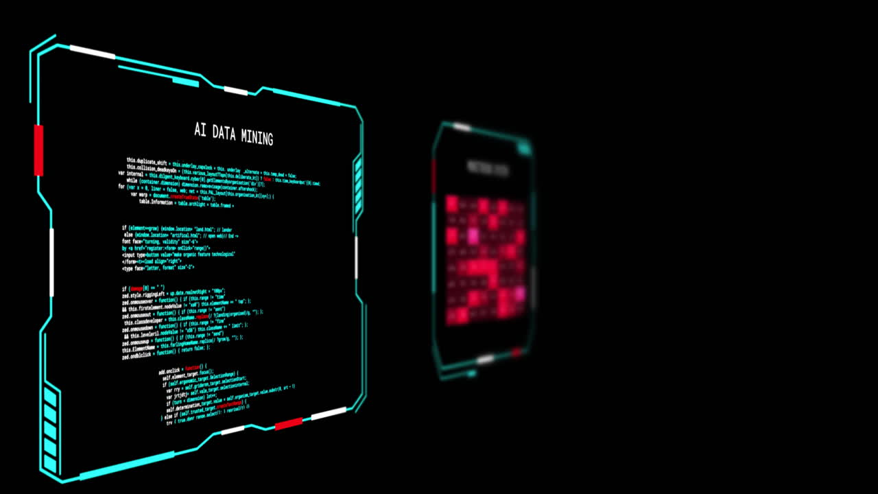 Animation of digital data processing on screens over black background