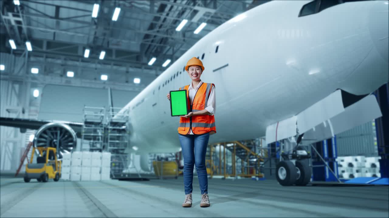 cuerpo lleno de ingeniera asiática con casco de seguridad de pie con aviones en el hangar. sonriendo y mostrando la tableta de pantalla verde a la cámara mientras el mantenimiento de aviones