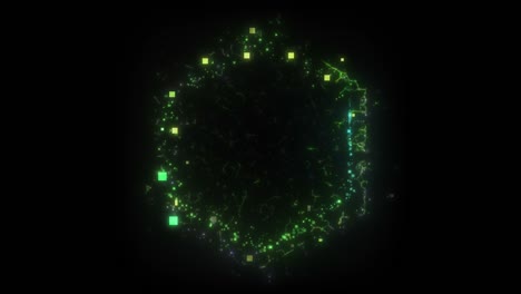 bucle sin costuras. animación de un portal hexagonal con color cambiante que consiste en cuadrados defectuosos y coágulos de energía aislados en fondo negro con alpha luma matte vfx cg 4k. puerta espacial. ciencia ficción. futurista.